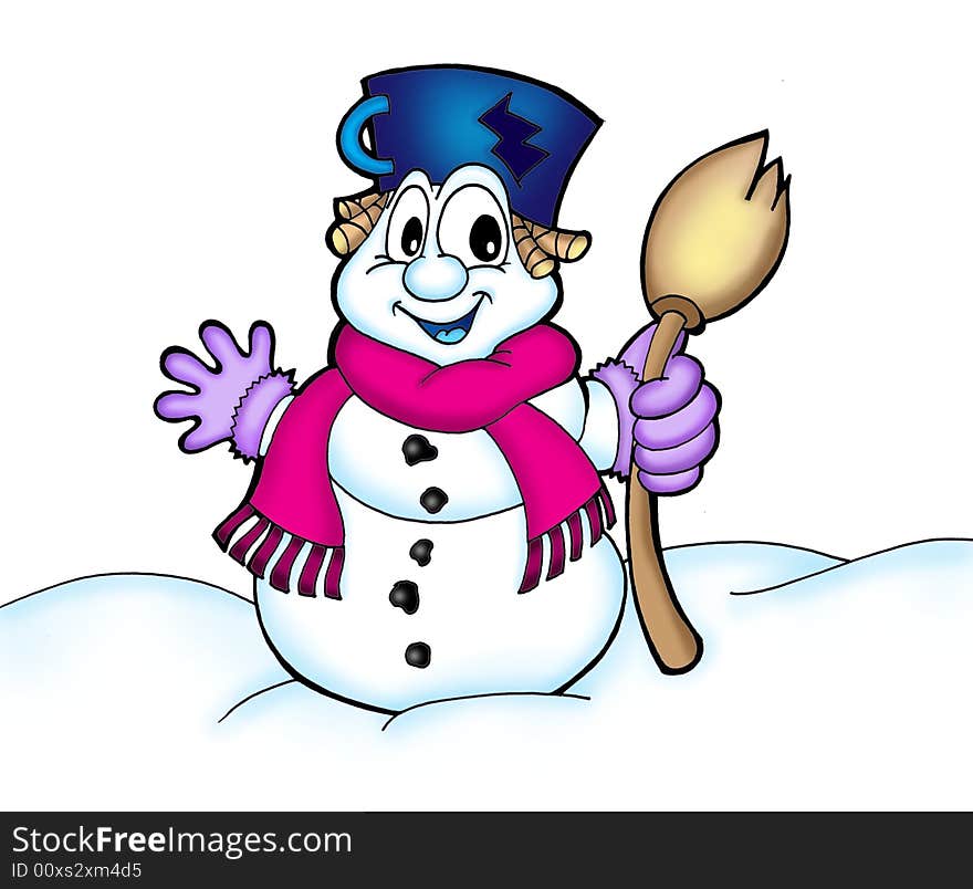 Color illustration of snowman with broom in his left hand.