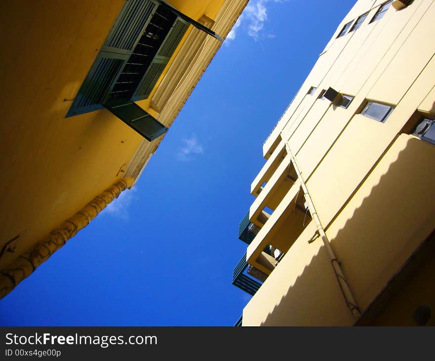 Macao church window and blue sky