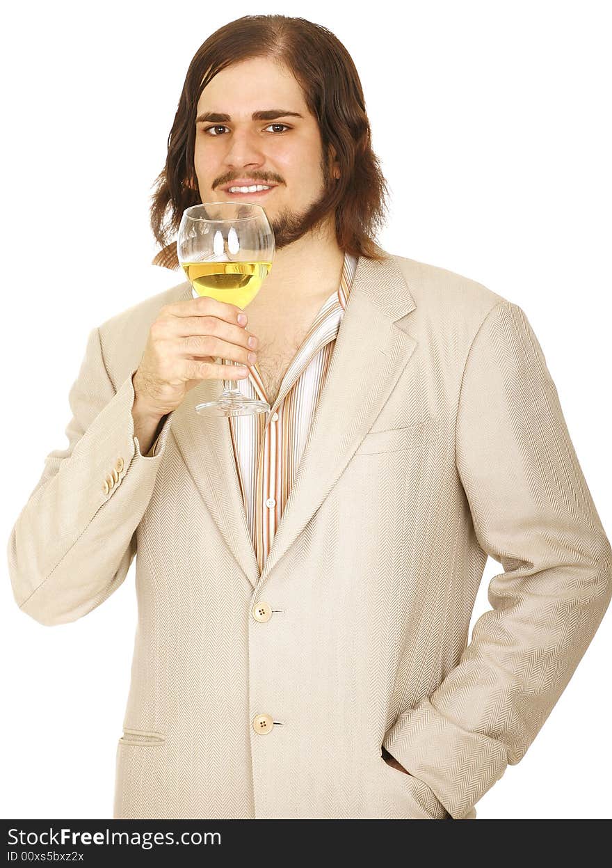 Isolated man relaxing, holding wine and getting ready to drink it. Isolated man relaxing, holding wine and getting ready to drink it