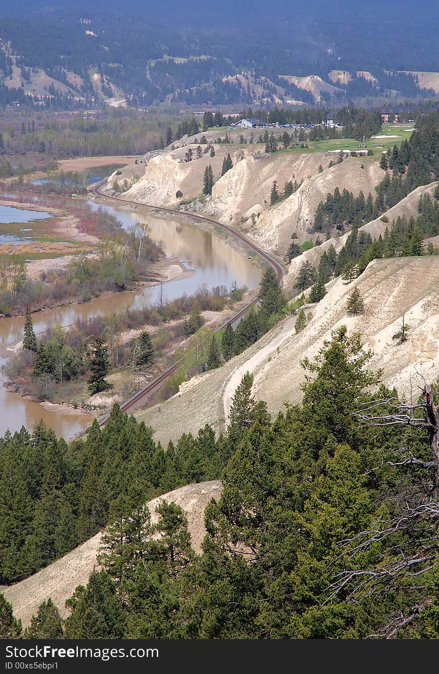 S shape river and valley in kootenay national park, british columbia, canada