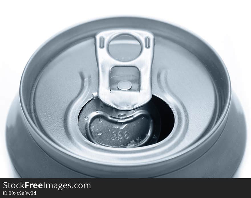 Close up of an opened tin can on white