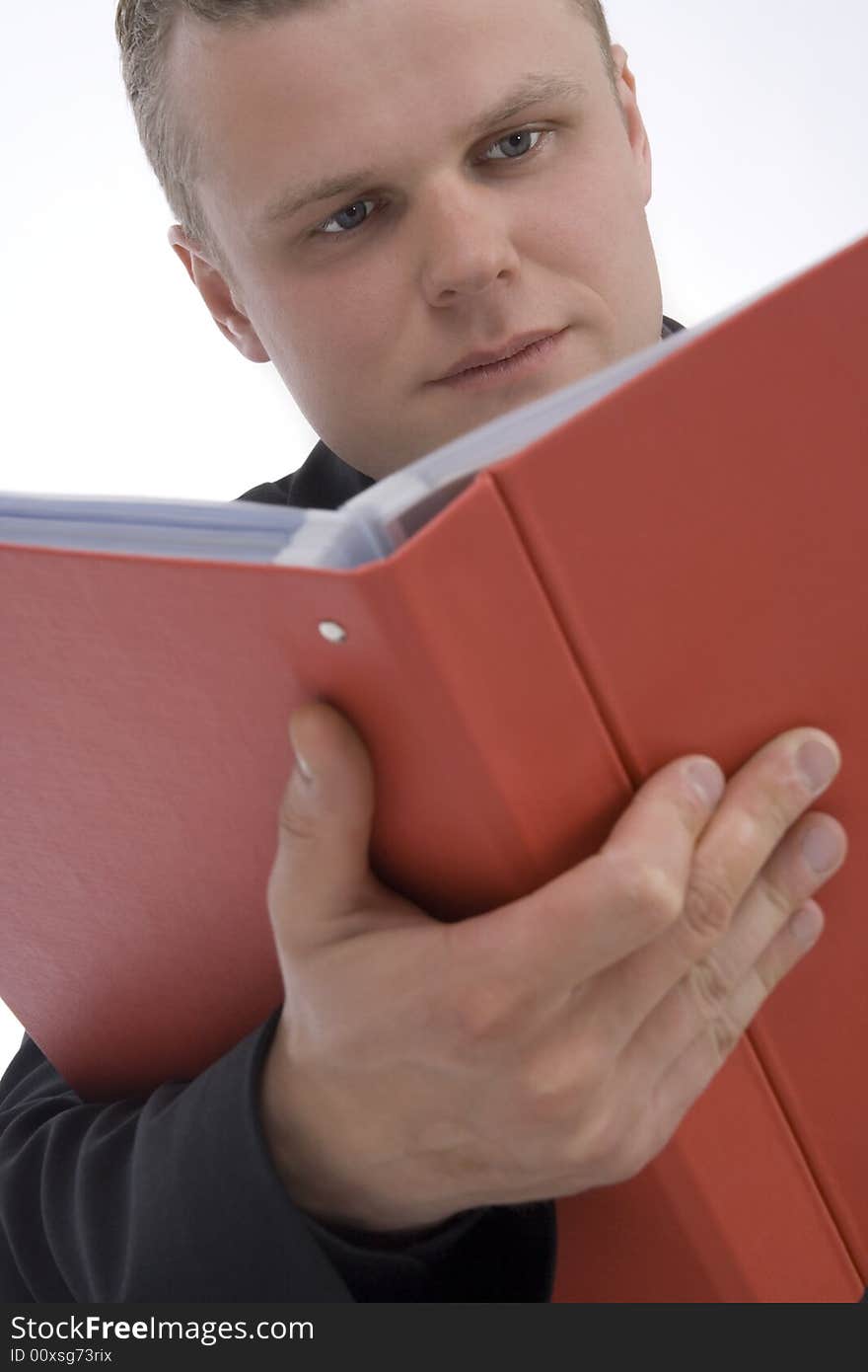 Man with file against a white background. Man with file against a white background