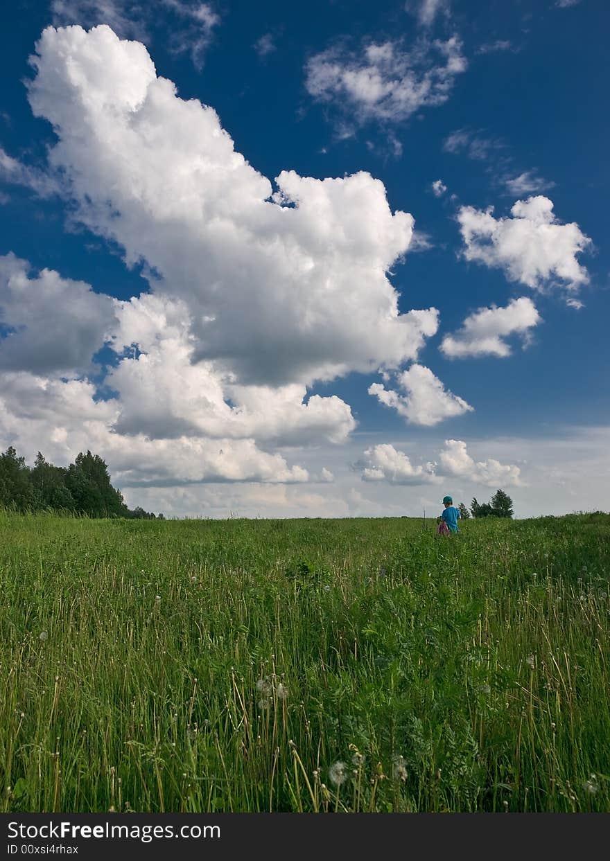 Summer landscape with green grass, blue sky and boy walking. Summer landscape with green grass, blue sky and boy walking