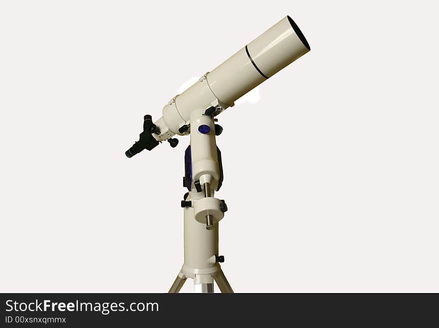 A refractor telescope is attached to a german equatorial mount with tripod. A refractor telescope is attached to a german equatorial mount with tripod.