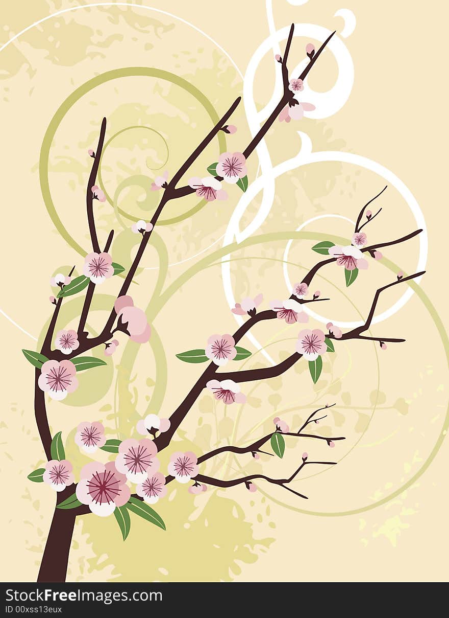 Floral background with a spring branch and grunge details, vector illustration series. Floral background with a spring branch and grunge details, vector illustration series.