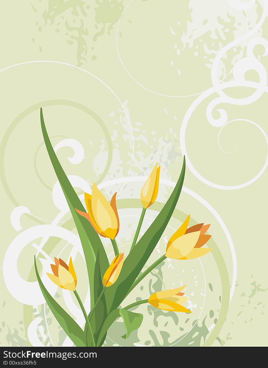 Floral background with tulips and grunge details, vector illustration series. Floral background with tulips and grunge details, vector illustration series.