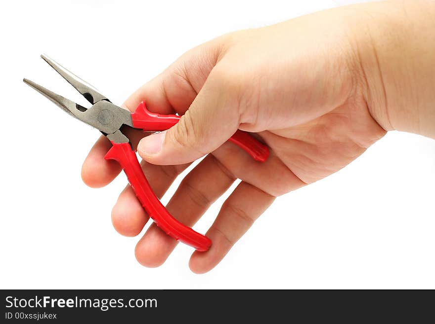 Man's hand taking a flat-nose plier over white background. Man's hand taking a flat-nose plier over white background.