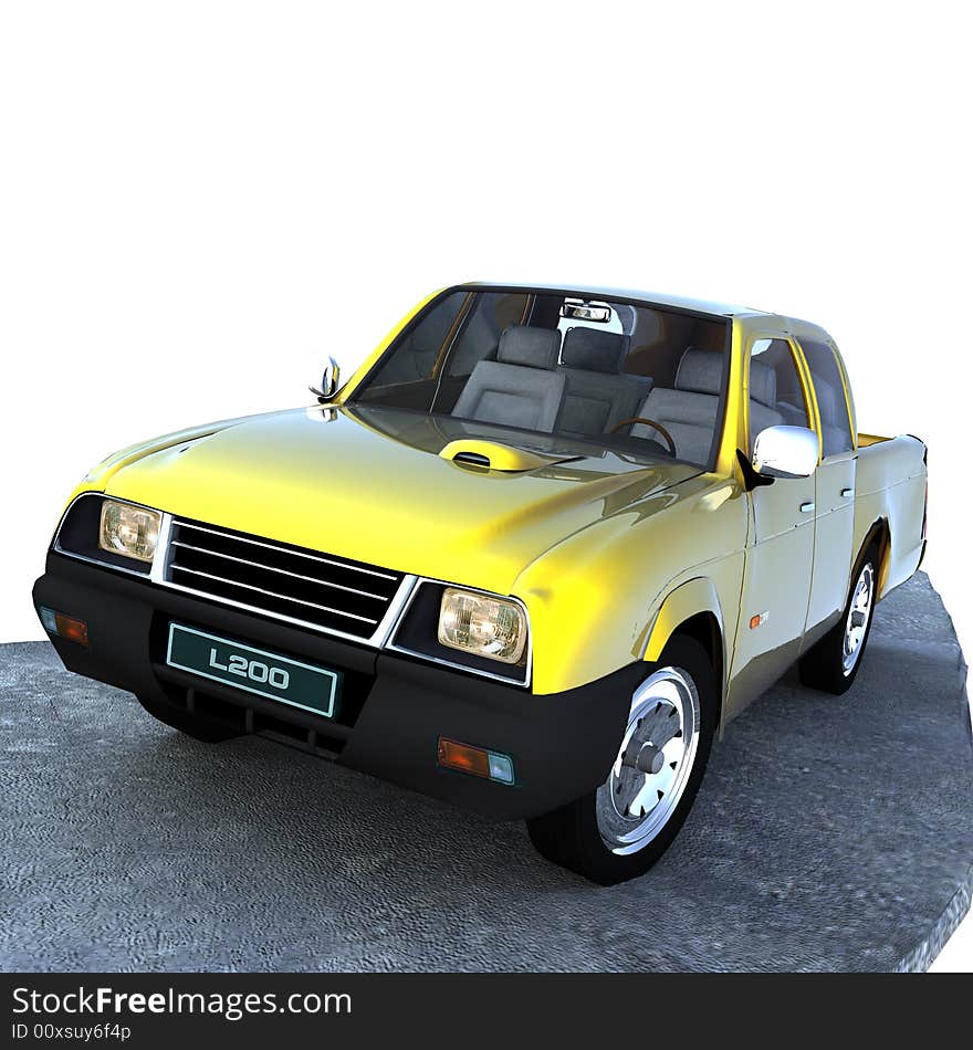 Is a compact pickup truck, rendered in 3D. Is a compact pickup truck, rendered in 3D.