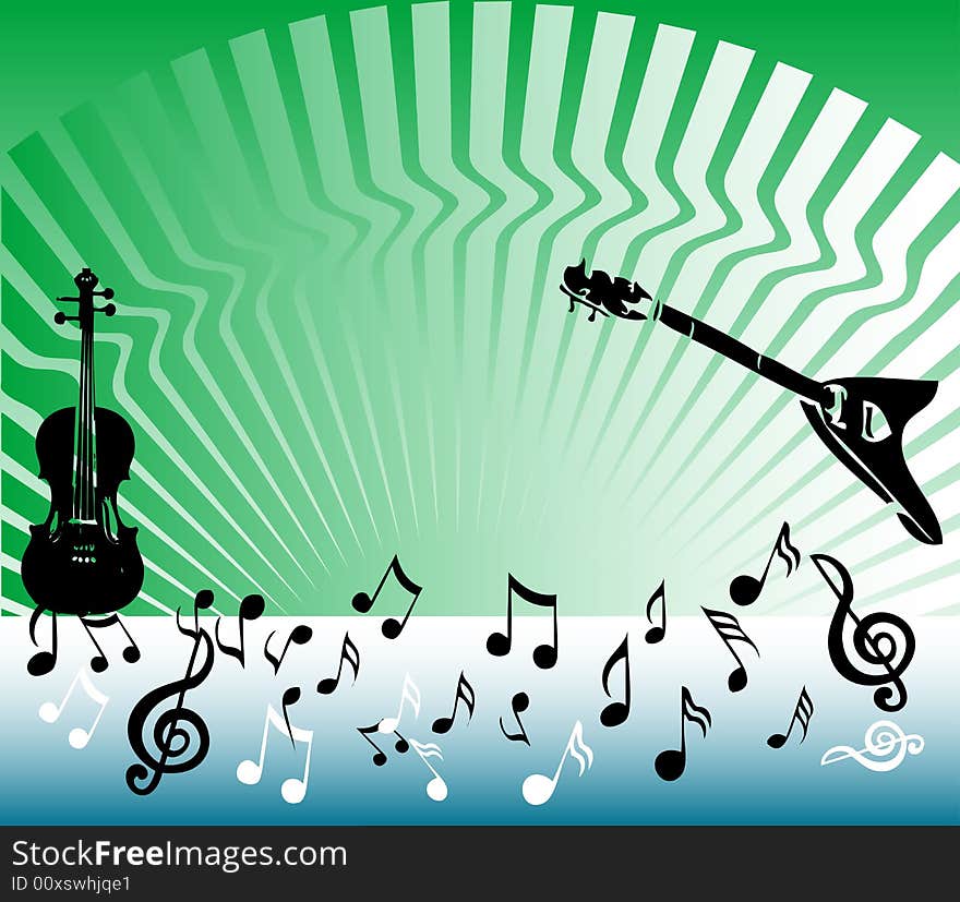 Abstract colored illustration with guitar, violin and musical notes. Abstract colored illustration with guitar, violin and musical notes