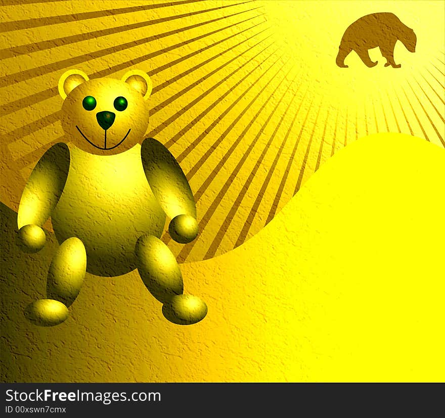 Abstract illustration with teddy bear sitting, bear shape and sun beams. Abstract illustration with teddy bear sitting, bear shape and sun beams