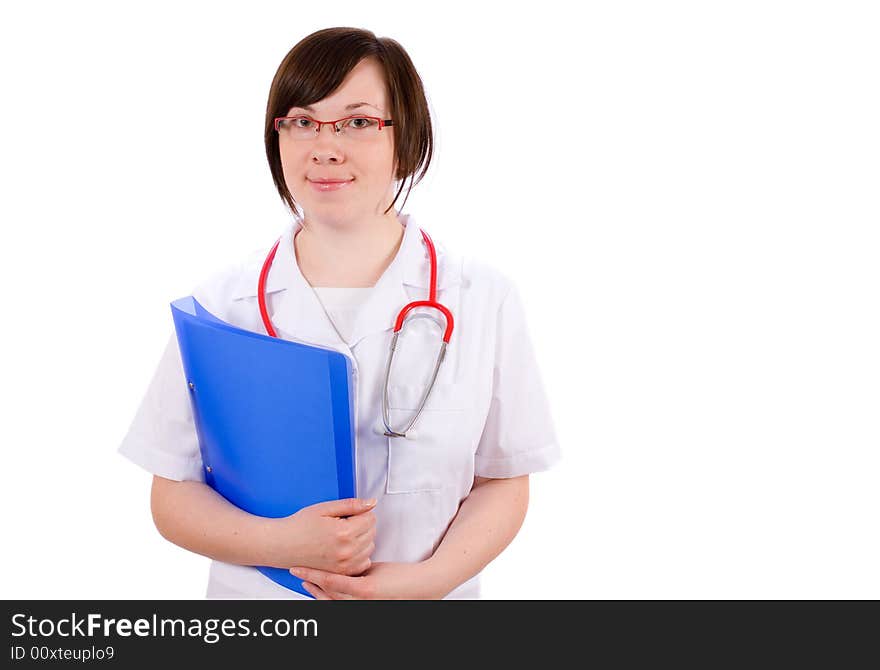 Young female doc holds blue folder with records, patient files. Young female doc holds blue folder with records, patient files