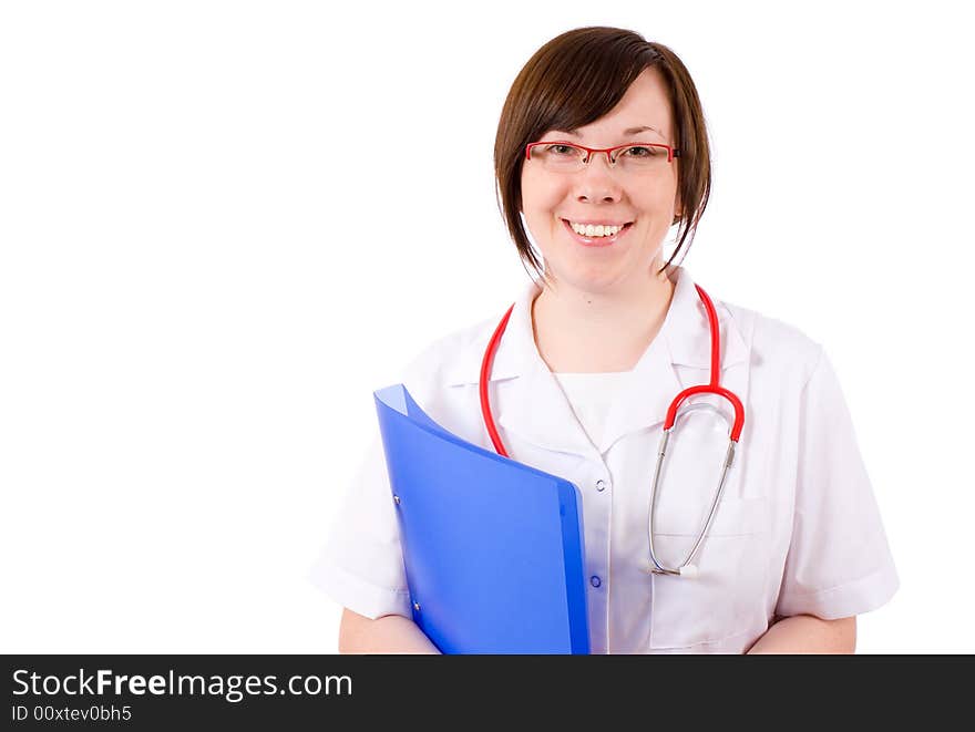 Young female doc holds blue folder with records. Young female doc holds blue folder with records