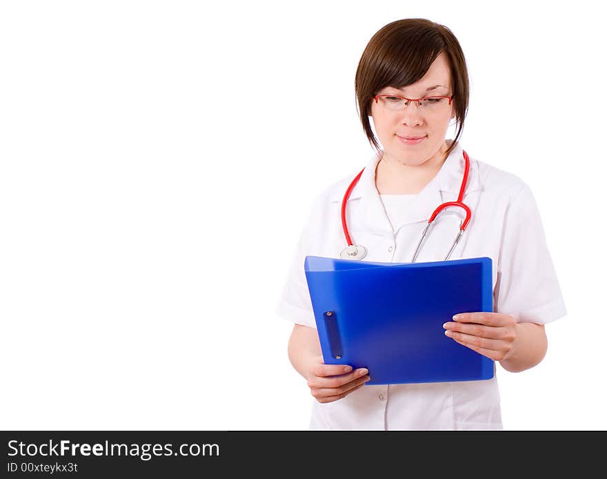 Young female doctor reading files, red specs