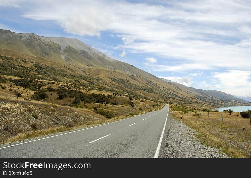 Scenic Remote Road between Queenstown and Mount Cook, McKenzie Country, New Zealand. Scenic Remote Road between Queenstown and Mount Cook, McKenzie Country, New Zealand