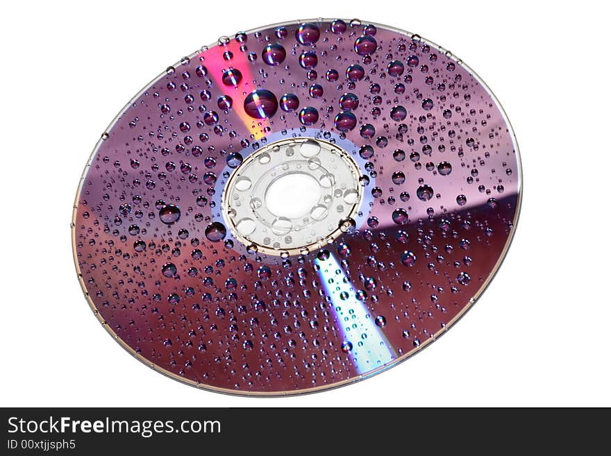 Media disc with water drops isolated on white background