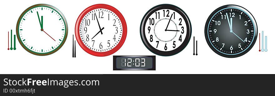 Vector illustration of four analog and one digital clocks