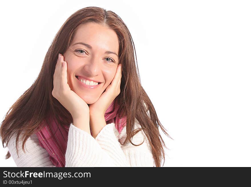 Beautiful young a woman with scarf on white background