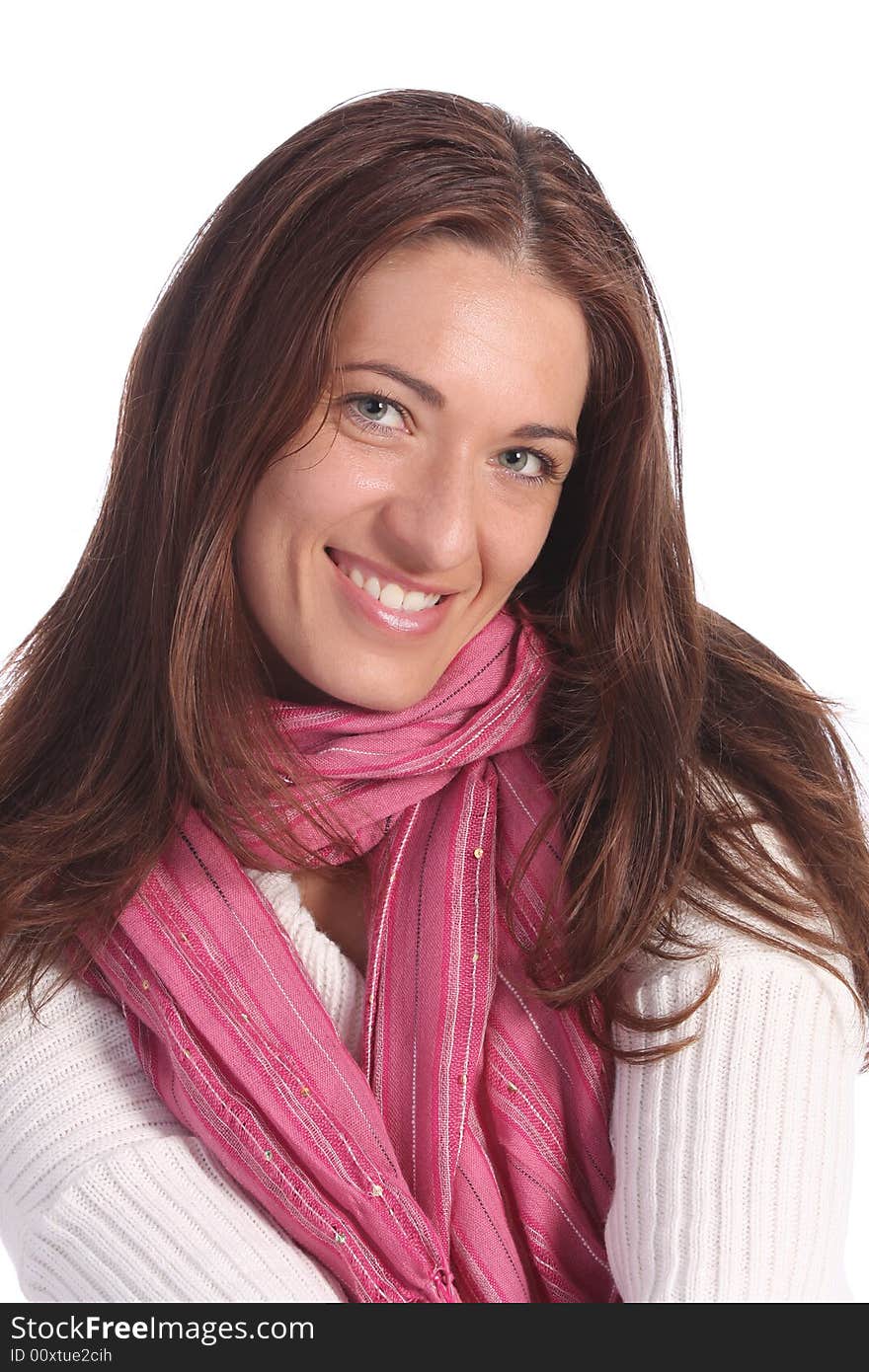 Beautiful young a woman with scarf on white background