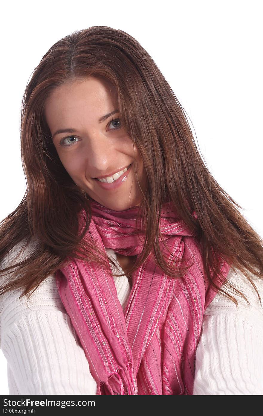 Beautiful young a woman with scarf on white background