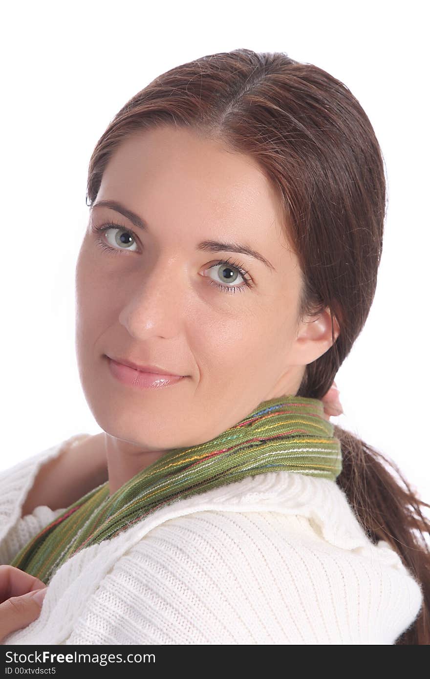 Beautiful young a woman with scarf on white background