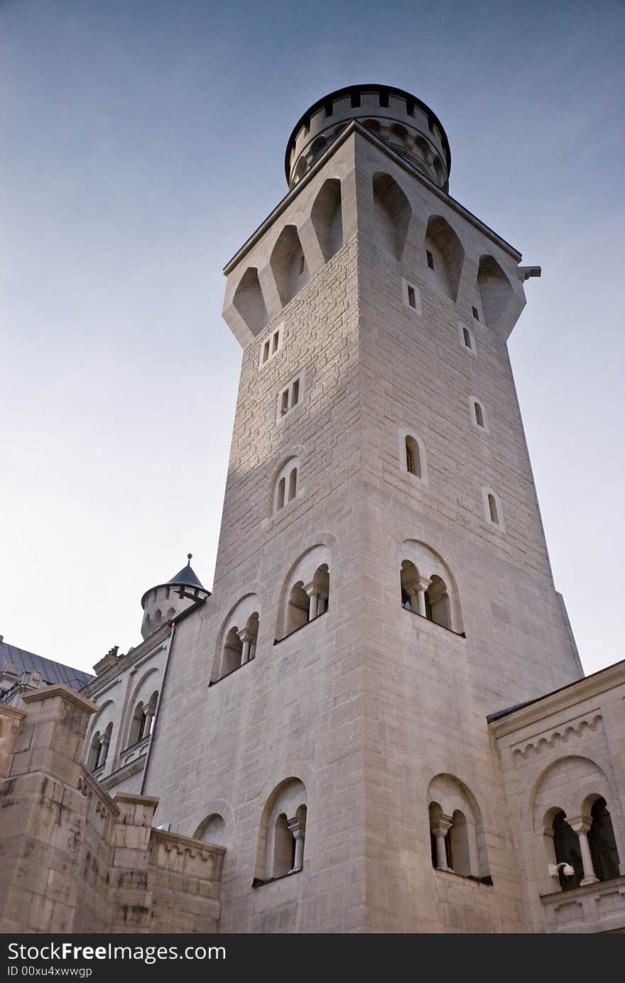 Tower of the Famous castle Neuschwanstein. Bavaria, Germany. Monochrome photograph. Tower of the Famous castle Neuschwanstein. Bavaria, Germany. Monochrome photograph.