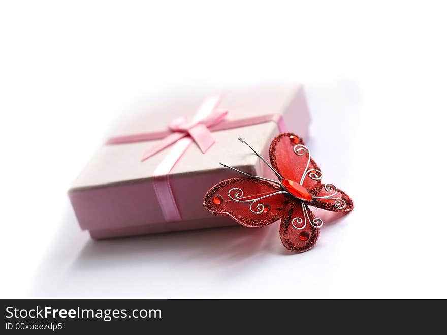 Tender gift, prize with butterfly isolated on white background. Tender gift, prize with butterfly isolated on white background