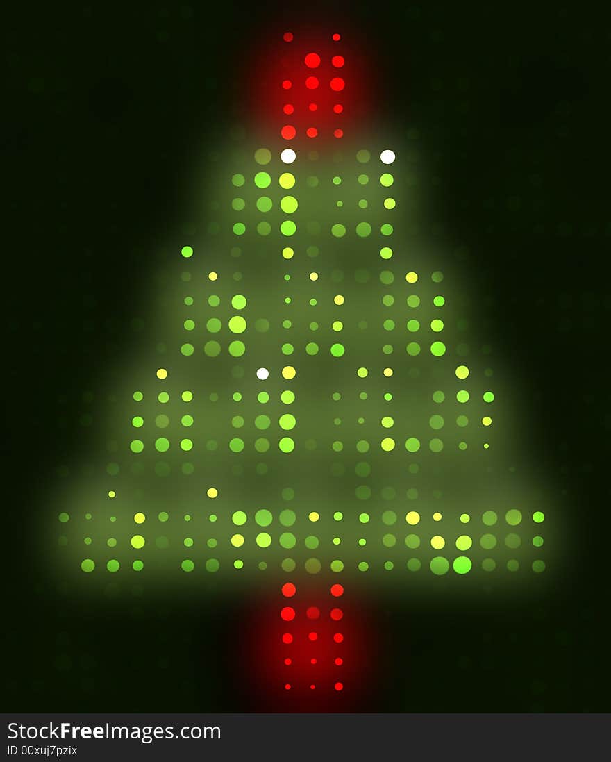 Design of a bright, shining, sparkling Christmas tree made of green and red lights isolated on a black background. Design of a bright, shining, sparkling Christmas tree made of green and red lights isolated on a black background.