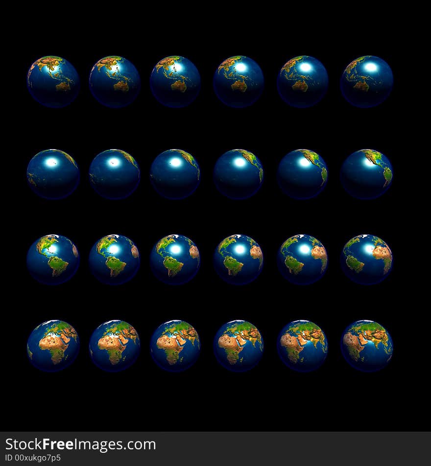 An image of multiple earths rotating in 15 degree increments and viewed from the equator. An image of multiple earths rotating in 15 degree increments and viewed from the equator.