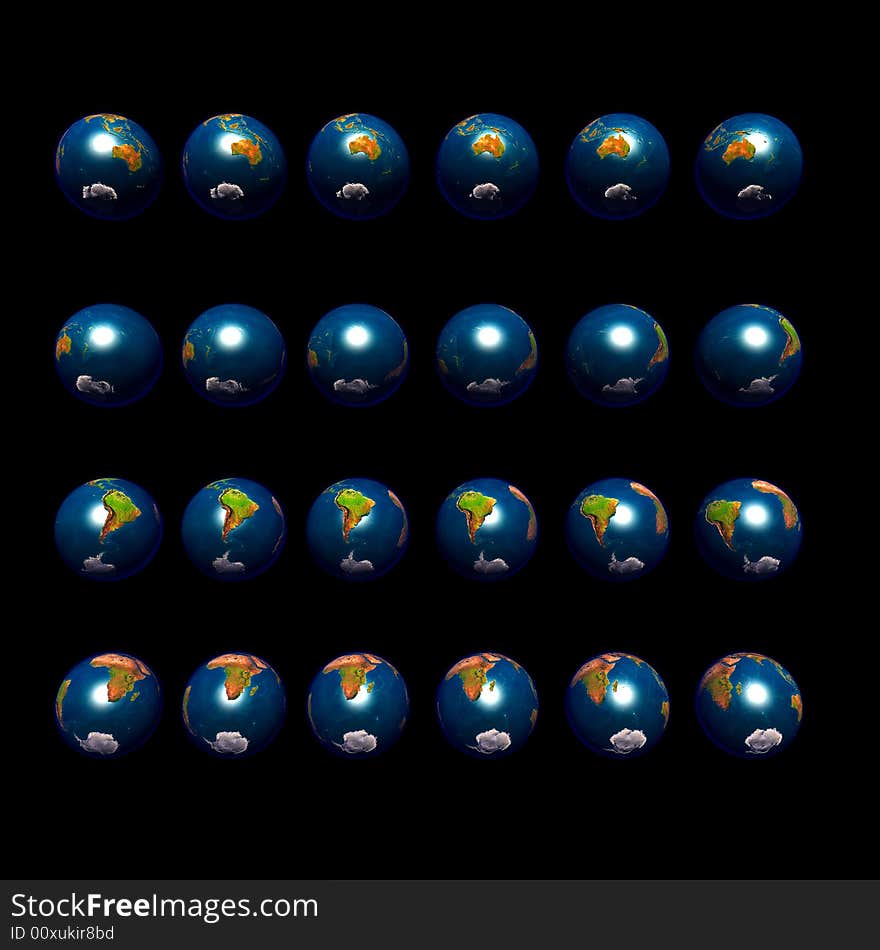 An image of multiple earths rotating in 15 degree increments and viewed from a northerly latitude. An image of multiple earths rotating in 15 degree increments and viewed from a northerly latitude.