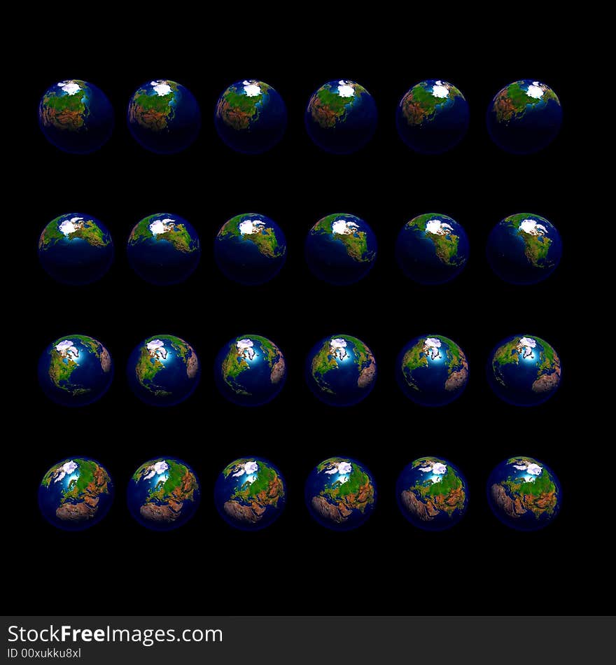 An image of multiple earths rotating in 15 degree increments and viewed from a southerly latitude. An image of multiple earths rotating in 15 degree increments and viewed from a southerly latitude.