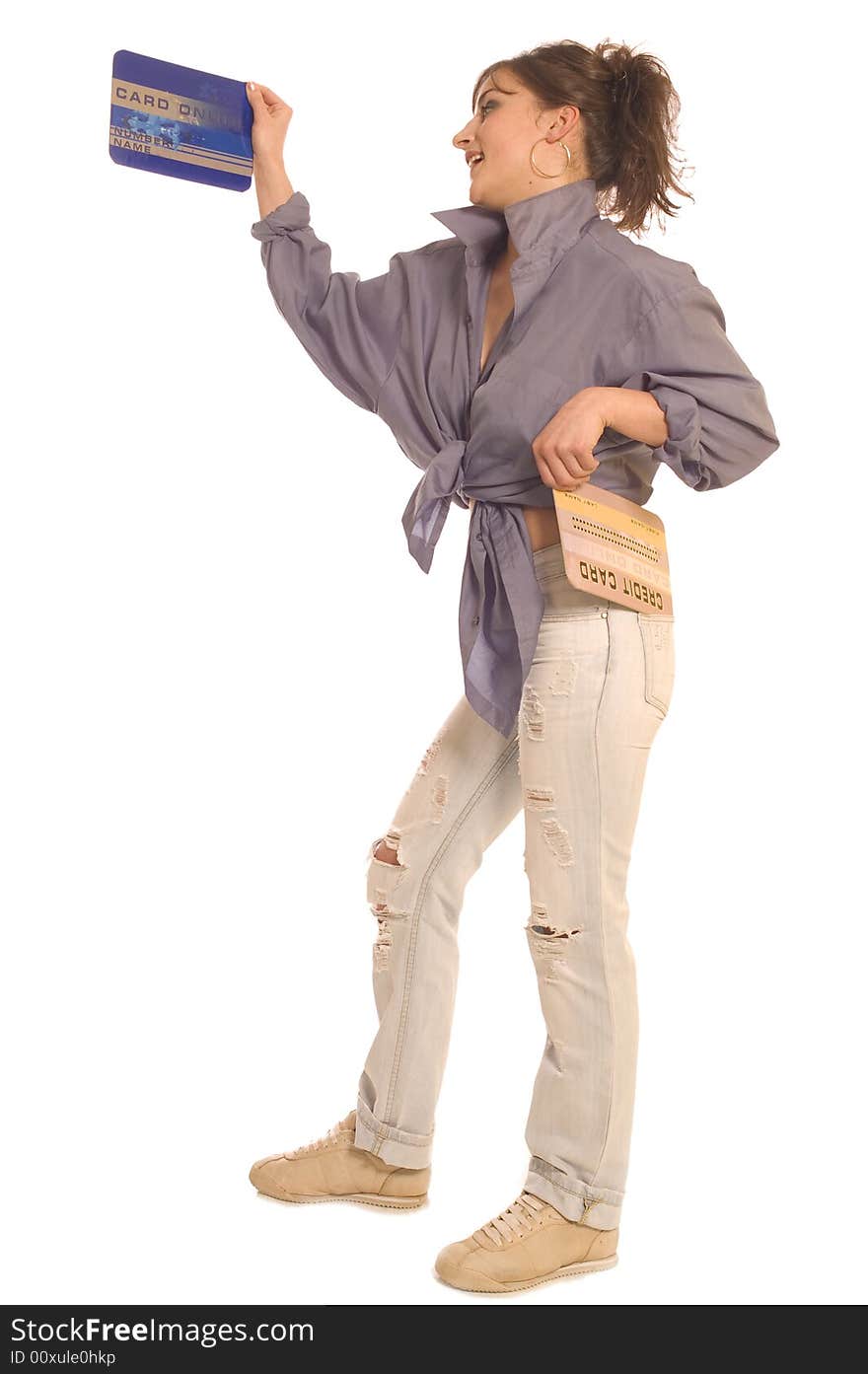 Young woman holding internet credit cards on white backgrounds