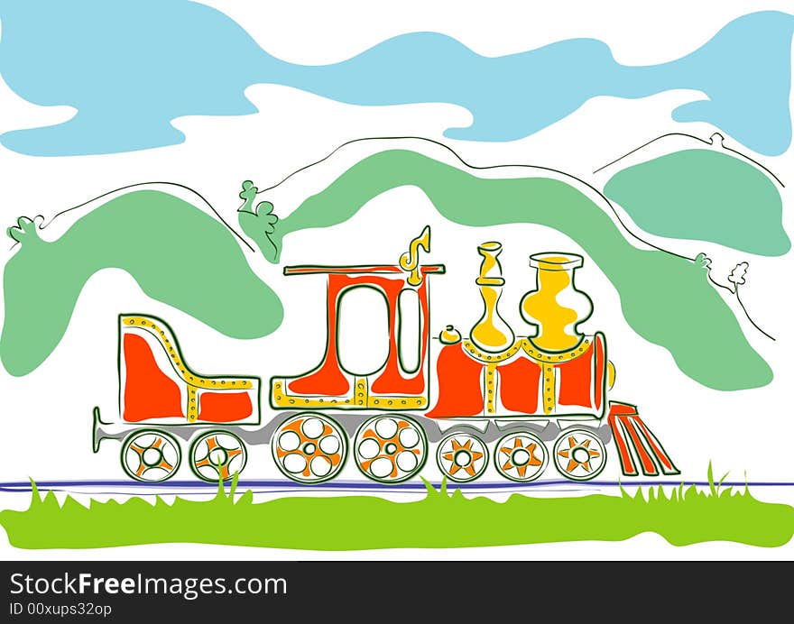 Simple coloured drawing of old small steam engine, stylised like illustration for children with landscape back round. Simple coloured drawing of old small steam engine, stylised like illustration for children with landscape back round