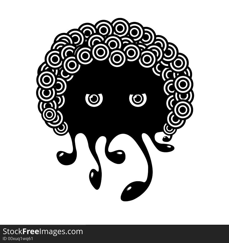 Cartoon octopus with hair in black and white colour