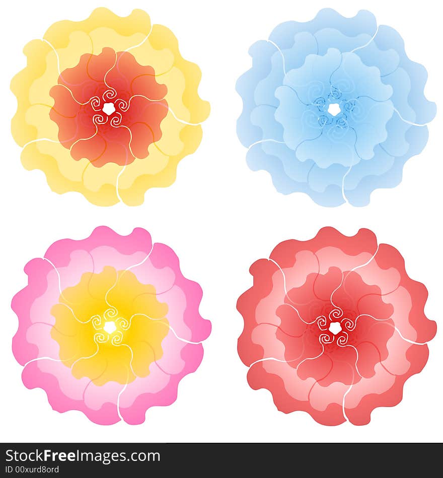 An illustration featuring an assortment of colourful flower blossoms in light gold, blue, purple, pink and red opaque colors. An illustration featuring an assortment of colourful flower blossoms in light gold, blue, purple, pink and red opaque colors