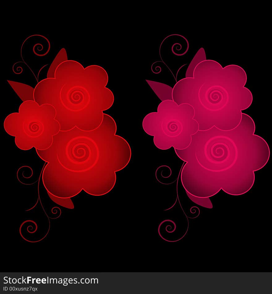 An illustration featuring your choice of red or dark pink floral designs for black backgrounds. An illustration featuring your choice of red or dark pink floral designs for black backgrounds