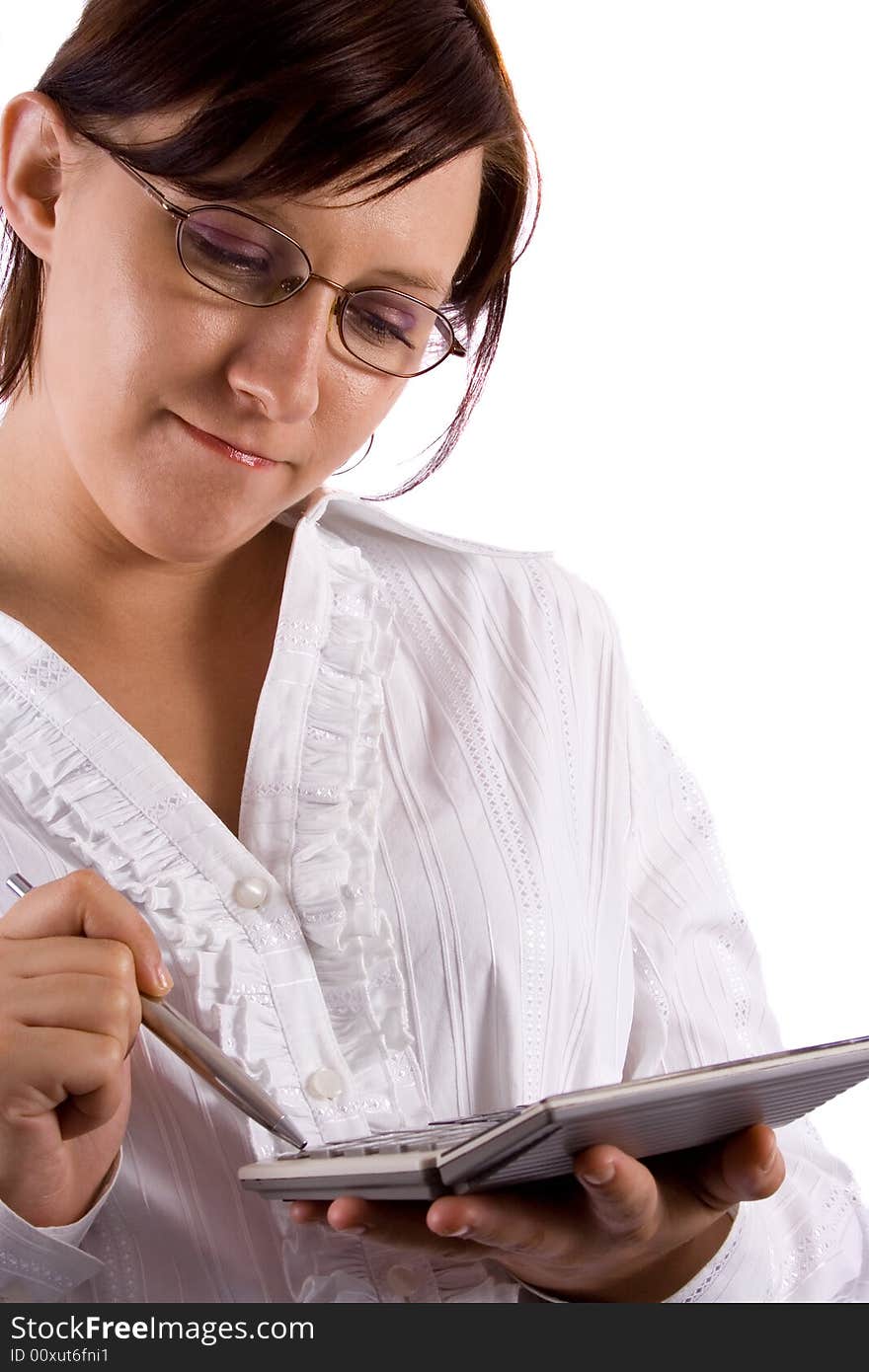 Woman with calculator on white. Woman with calculator on white