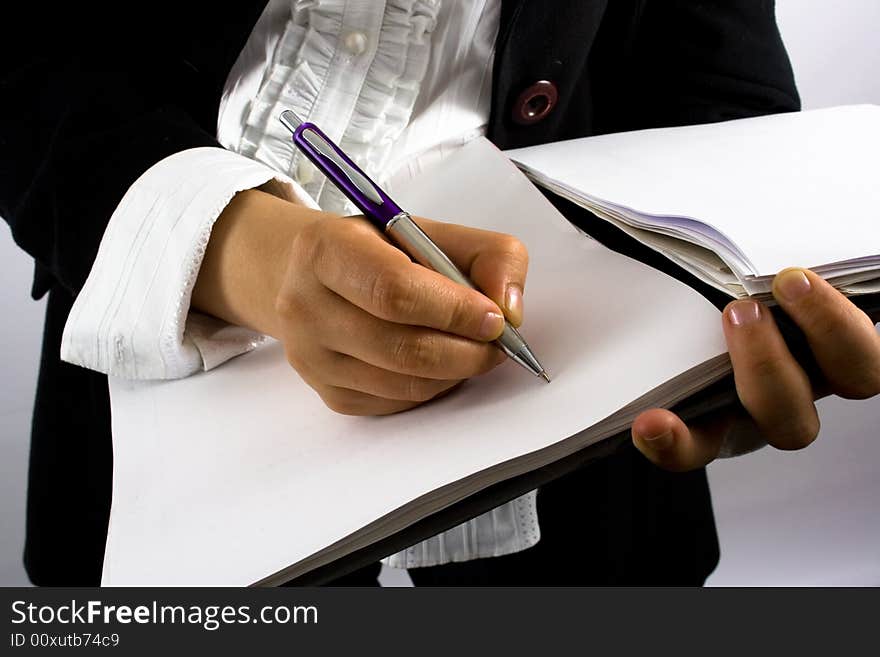 Woman writing on white background. Woman writing on white background