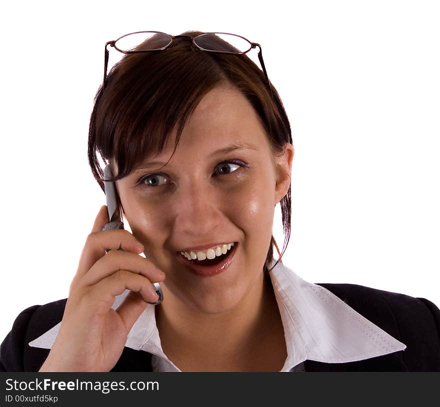 Woman talking by phone on white. Woman talking by phone on white