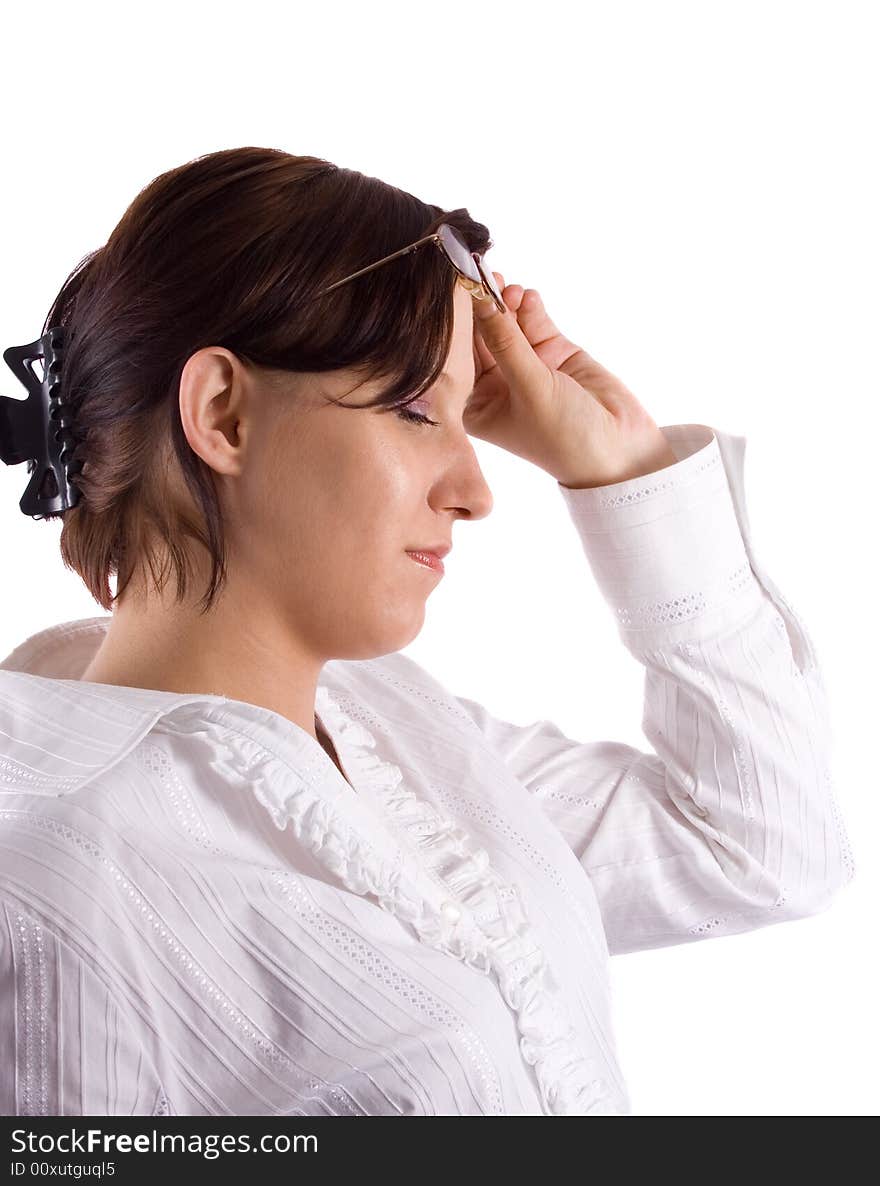 Businesswoman on white with glasses. Businesswoman on white with glasses