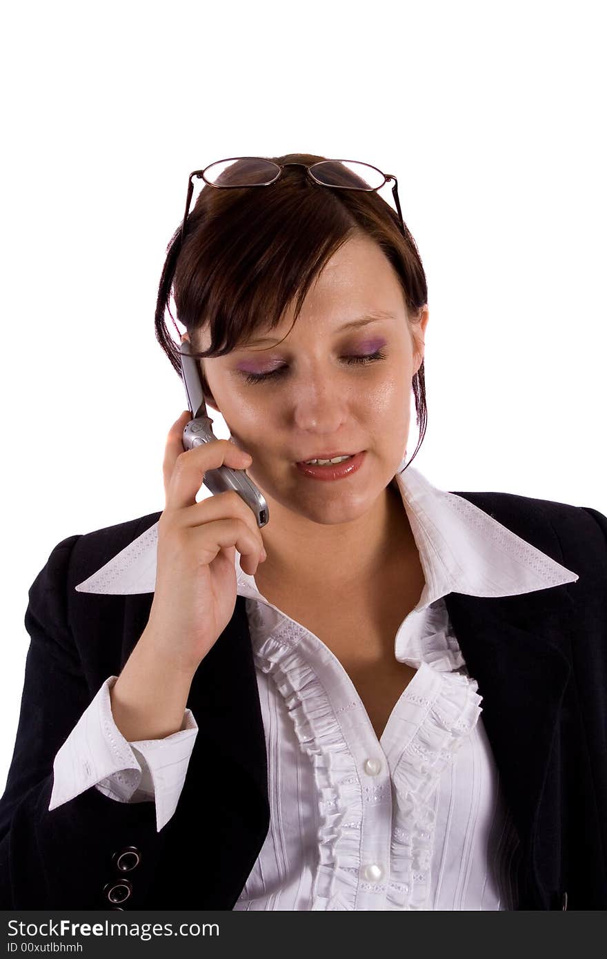 Woman talking by phone on white. Woman talking by phone on white