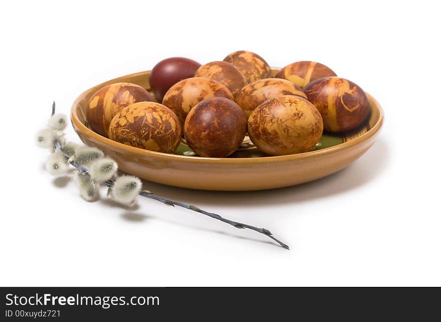 Closeup of Easter eggs on white background with shadow