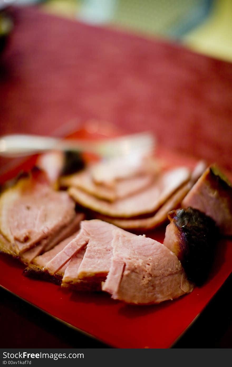 Close up of plate of delicious ham on table. Close up of plate of delicious ham on table