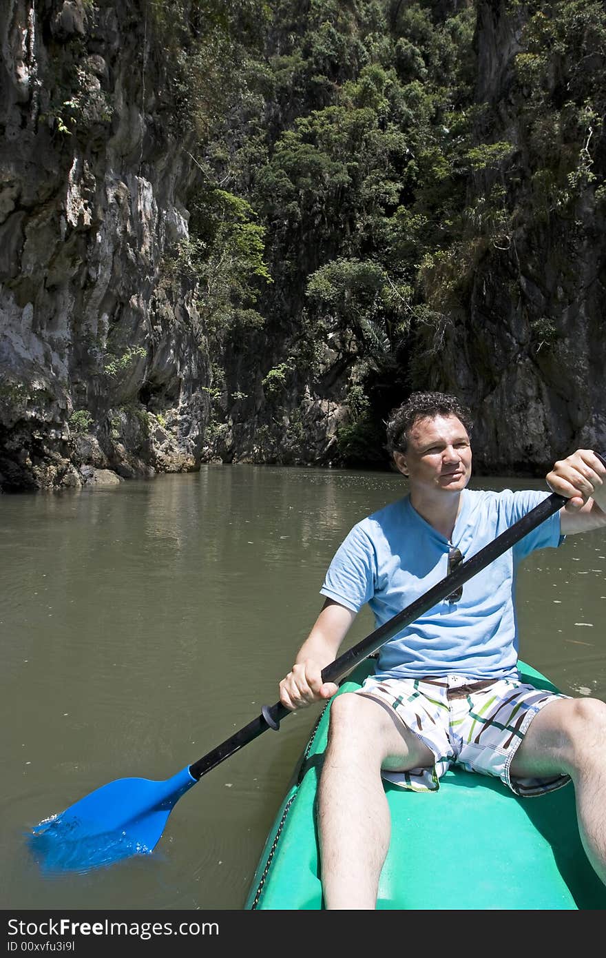 Kayaking near limestone rocks, Krabi Province, Southern Thailand