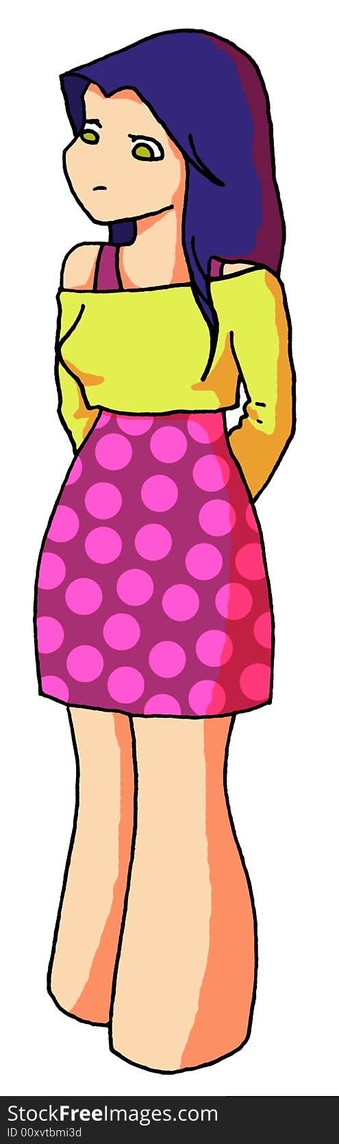 Cute girl waiting pink yellow sad girl cartoon style character. Cute girl waiting pink yellow sad girl cartoon style character