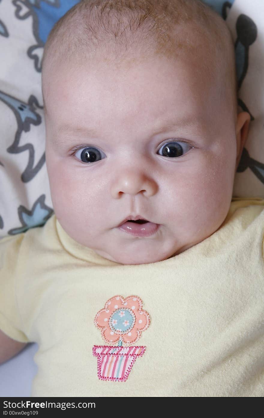 Close-up shot of a four month old baby girl with a surprised expression. Close-up shot of a four month old baby girl with a surprised expression.