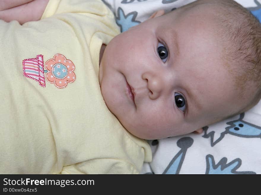 Close-up shot of a four month old baby girl looking at camera. Close-up shot of a four month old baby girl looking at camera.