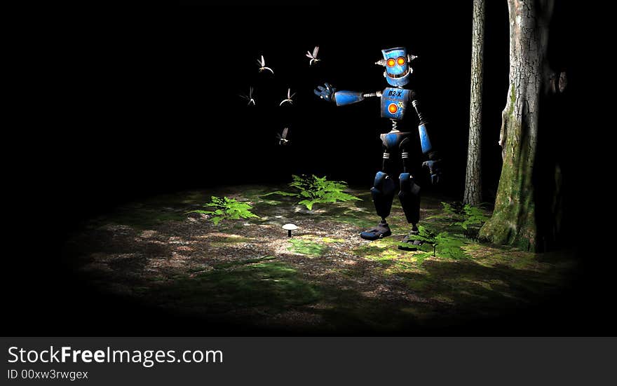 Cg render of cartoon robot in forest