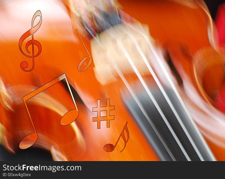 Conceptual image of musical notes over blurred violin. Conceptual image of musical notes over blurred violin