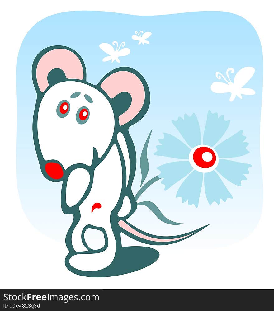 Cheerful mousy and flower on a blue background.