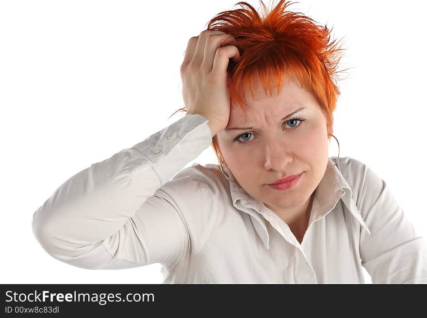 Anxious business woman isolated on white background